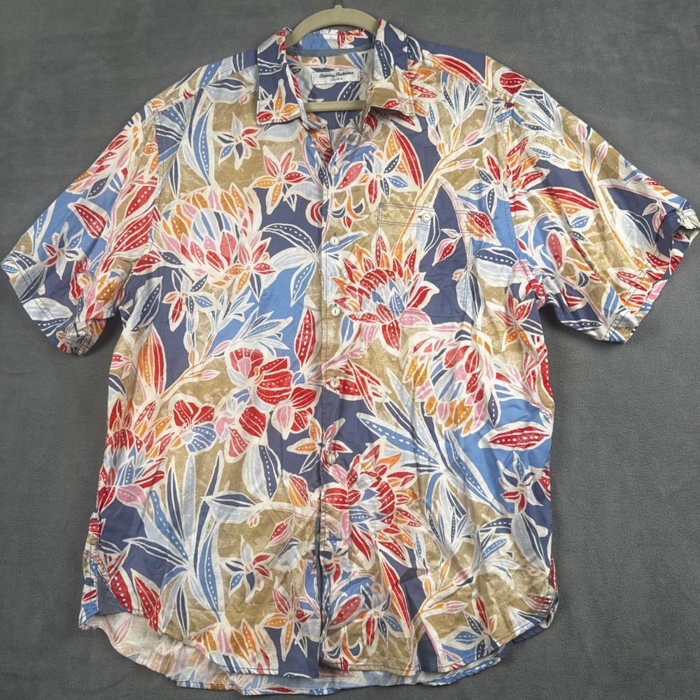 Tommy Bahama Tortola Mens XL Floral Tropical Tencel Cotton Button Up Shirt Blue